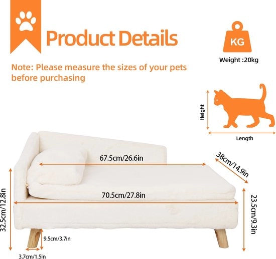 Sedia per Animali - Cassetto con Piumino - Sedia per Animale con Piedi in Legno - Impermeabile - Bianca - Dimensioni: S - 70x40x39cm