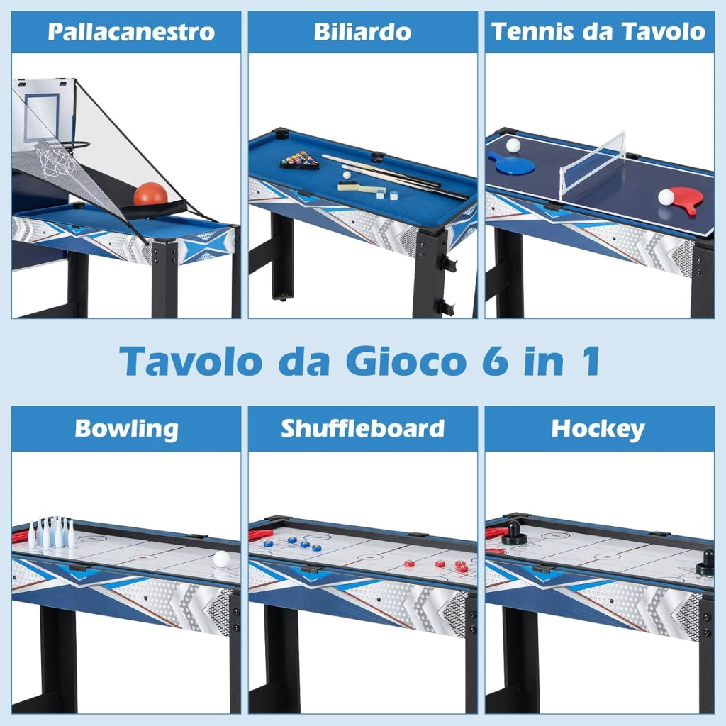 6 in 1 Tavolo da Gioco, Set Multi-Gioco con Basket Biliardo Ping Pong Hockey Shuffleboard Bowling, Tavolo da Gioco Salvaspazio per Feste Sala Giochi Soggiorno