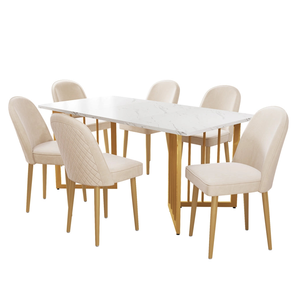 Sedia da sala da pranzo in velluto con design ergonomico; gambe metalliche dorate; in MDF e metallo; beige