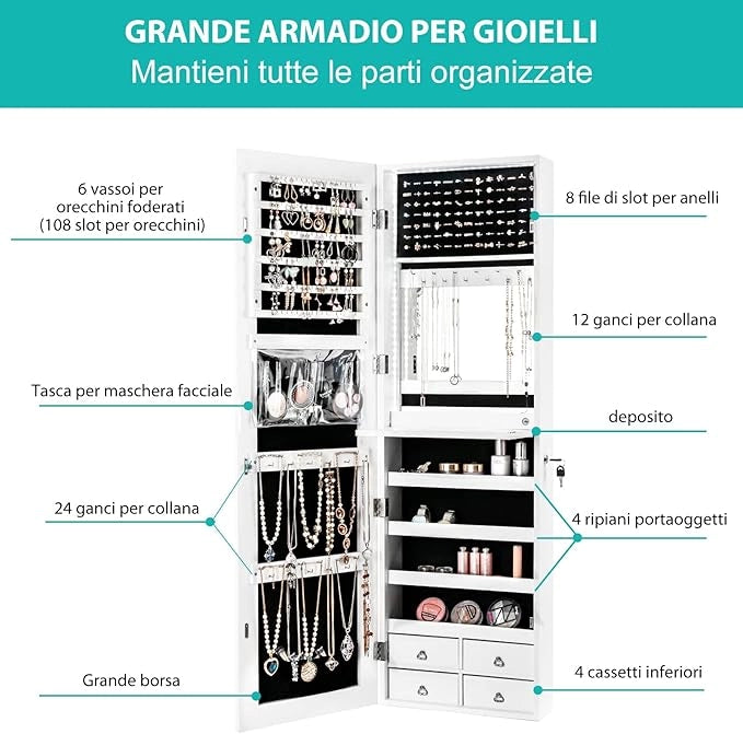 Armadietto per Gioielli con Specchio a Figura Intera LED, Armadio Multiuso con 4 Cassetti 4 Mensole, Organizer Portagioie per Camera da Letto e Cabina Armadio (Bianco)