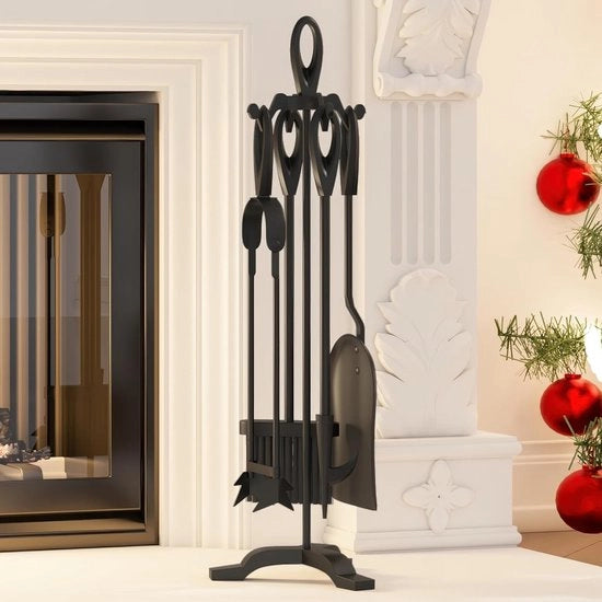 Set di accessori per camino in ghisa nera a 5 pezzi 19,5x17x61cm - Kit di strumenti per il caminetto in acciaio inossidabile