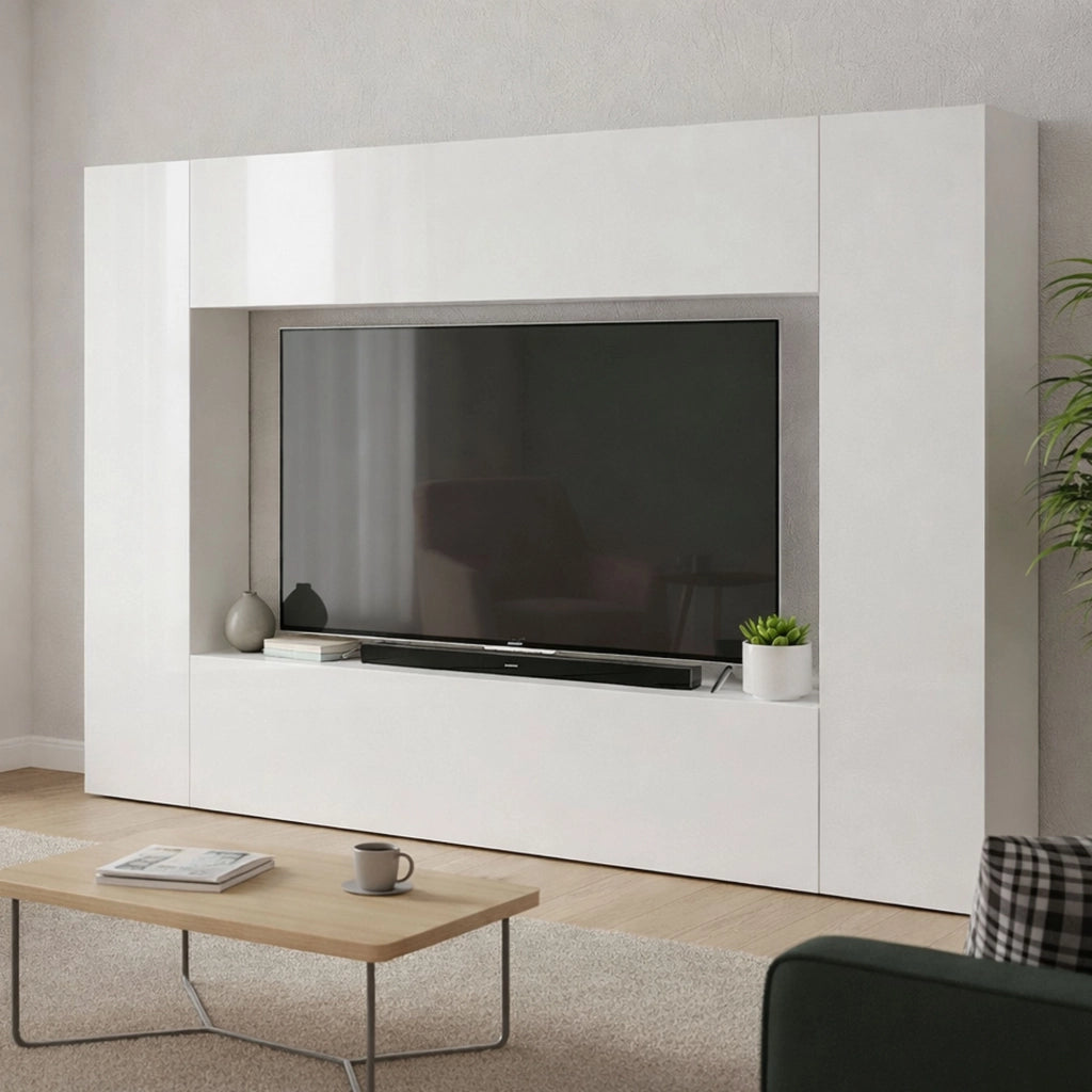 Parete attrezzata da Amel, Made in Italy, Porta TV, Set salotto moderno, cm 260x30h180, Bianco lucido
