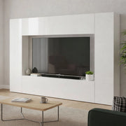 Parete attrezzata da Amel, Made in Italy, Porta TV, Set salotto moderno, cm 260x30h180, Bianco lucido