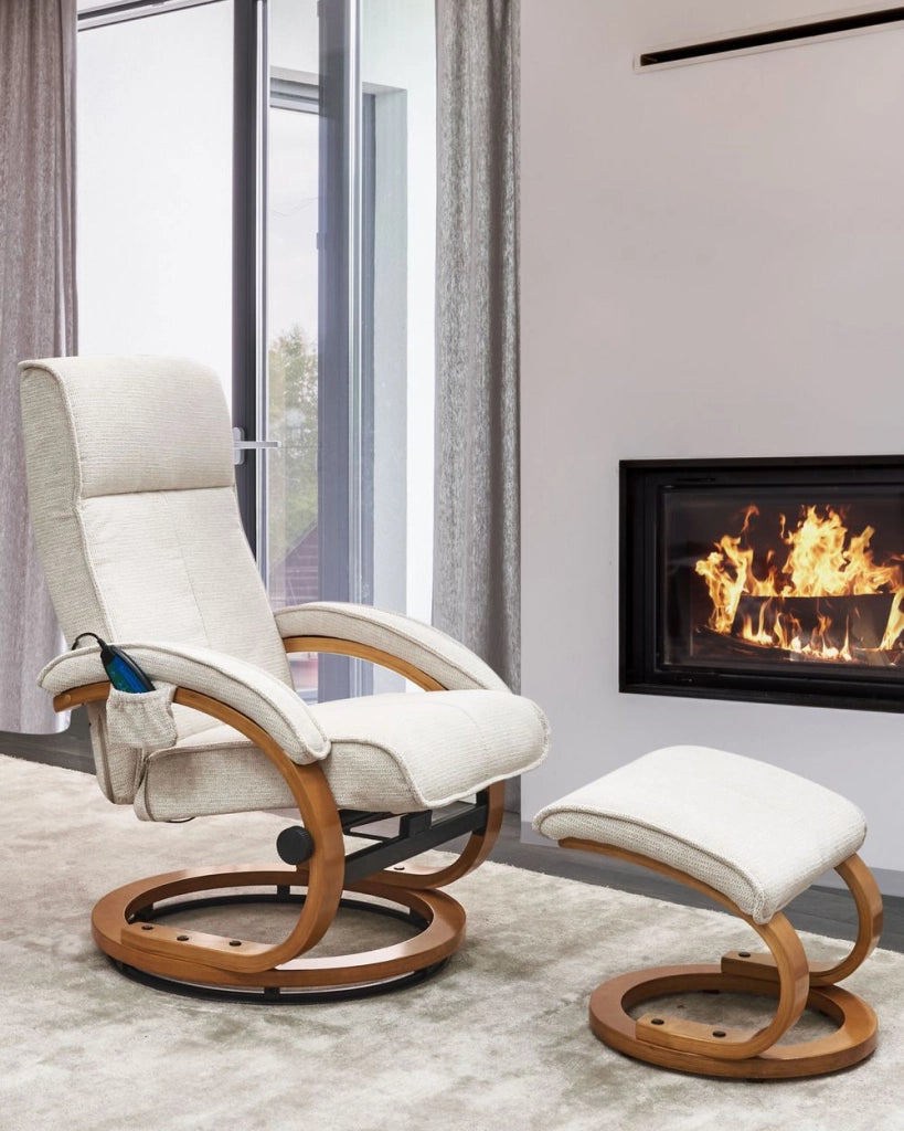 Poltrona reclinabile moderna in tessuto beige chiaro con poggiapiedi Riscaldamento massaggiante design retrò
