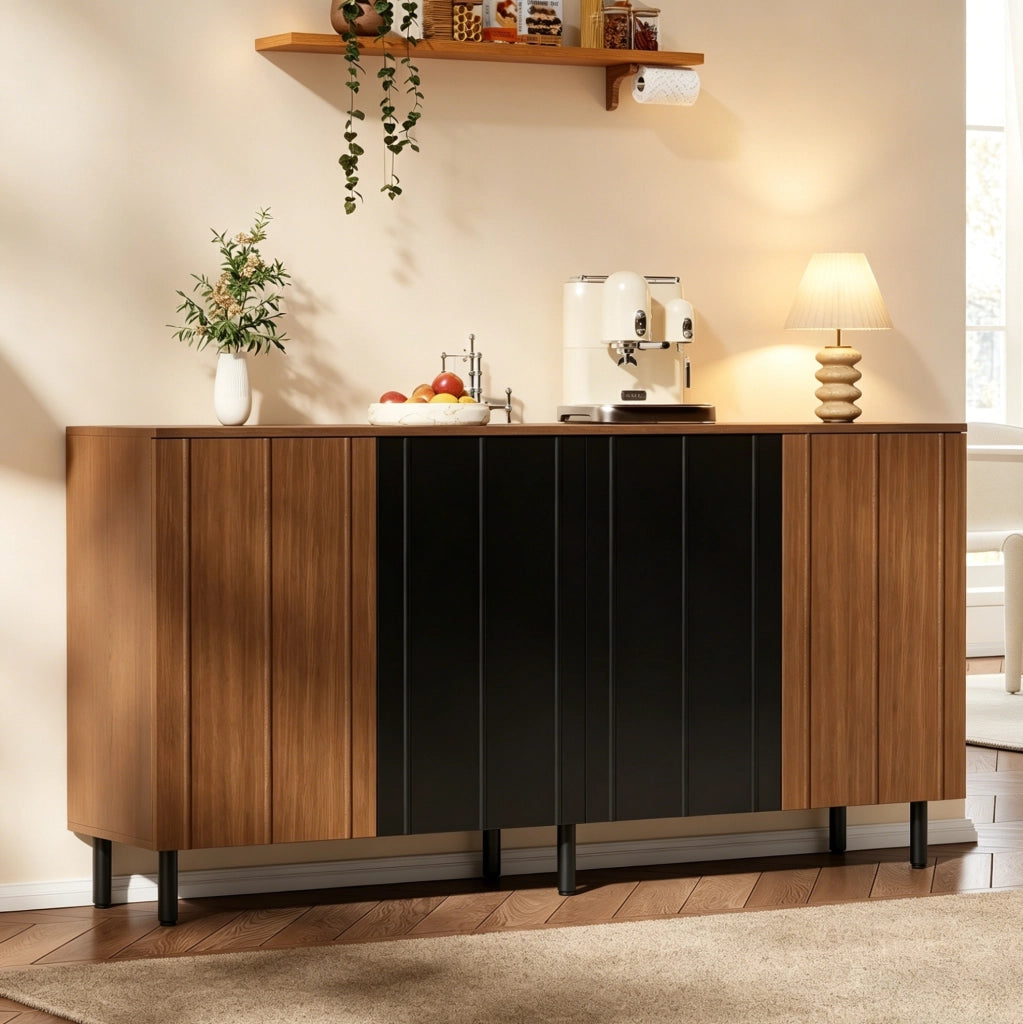 Credenza buffet 160x35x80 cm in truciolare noce e nero con 4 ante