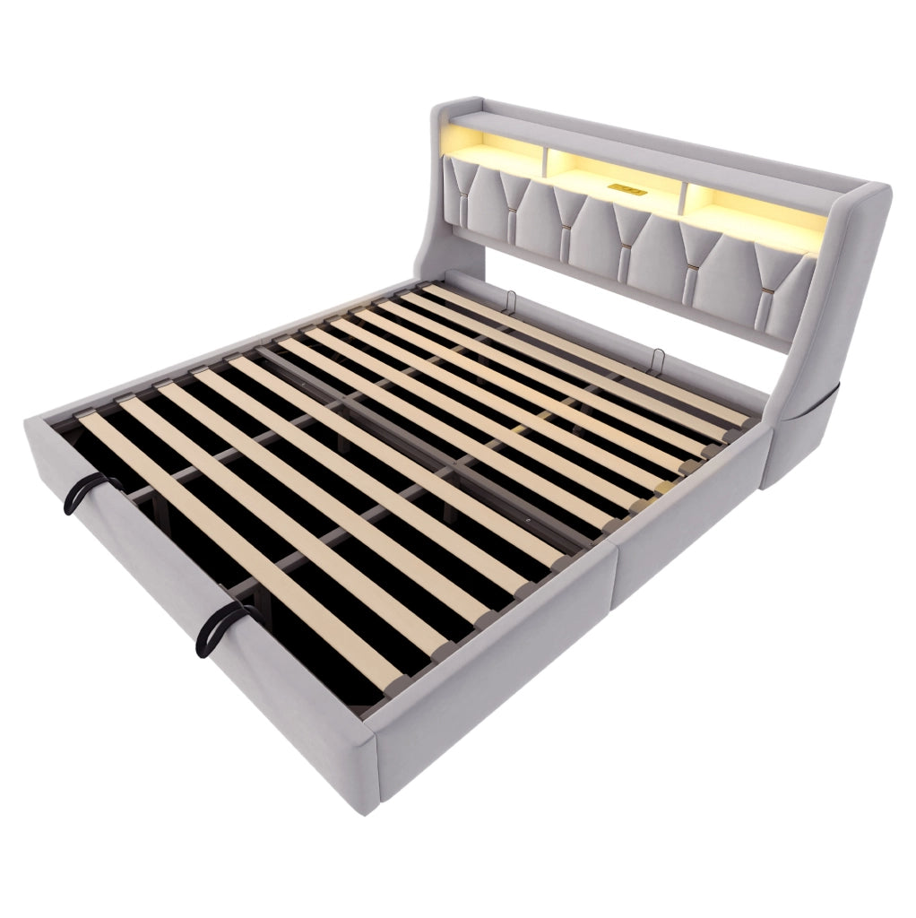 Letto contenitore imbottito 180x200 cm con LED, prese e testiera con vano