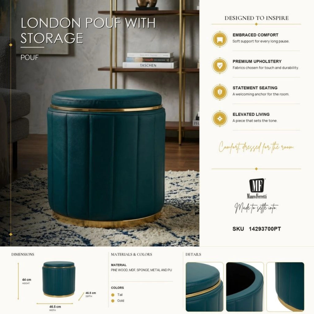 Pouf London in poliuretano ottanio con dettagli oro