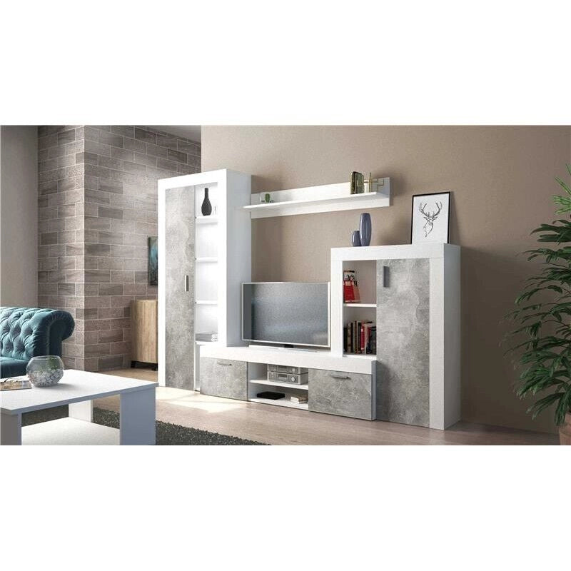 NOBEL PARETE SOGGIORNO BIANCO E GRIGIO EFFETTO CEMENTO 300 X 35 X H198 CM