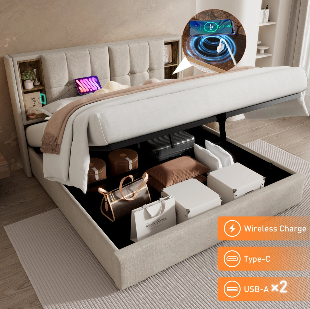 Letto matrimoniale imbottito 160x200 cm con contenitore; ricarica wireless; USB-C e materasso; lino naturale