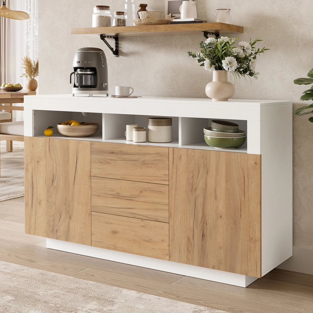Credenza con 3 cassetti; 2 ante e 3 vani aperti - per soggiorno - bianco e naturale