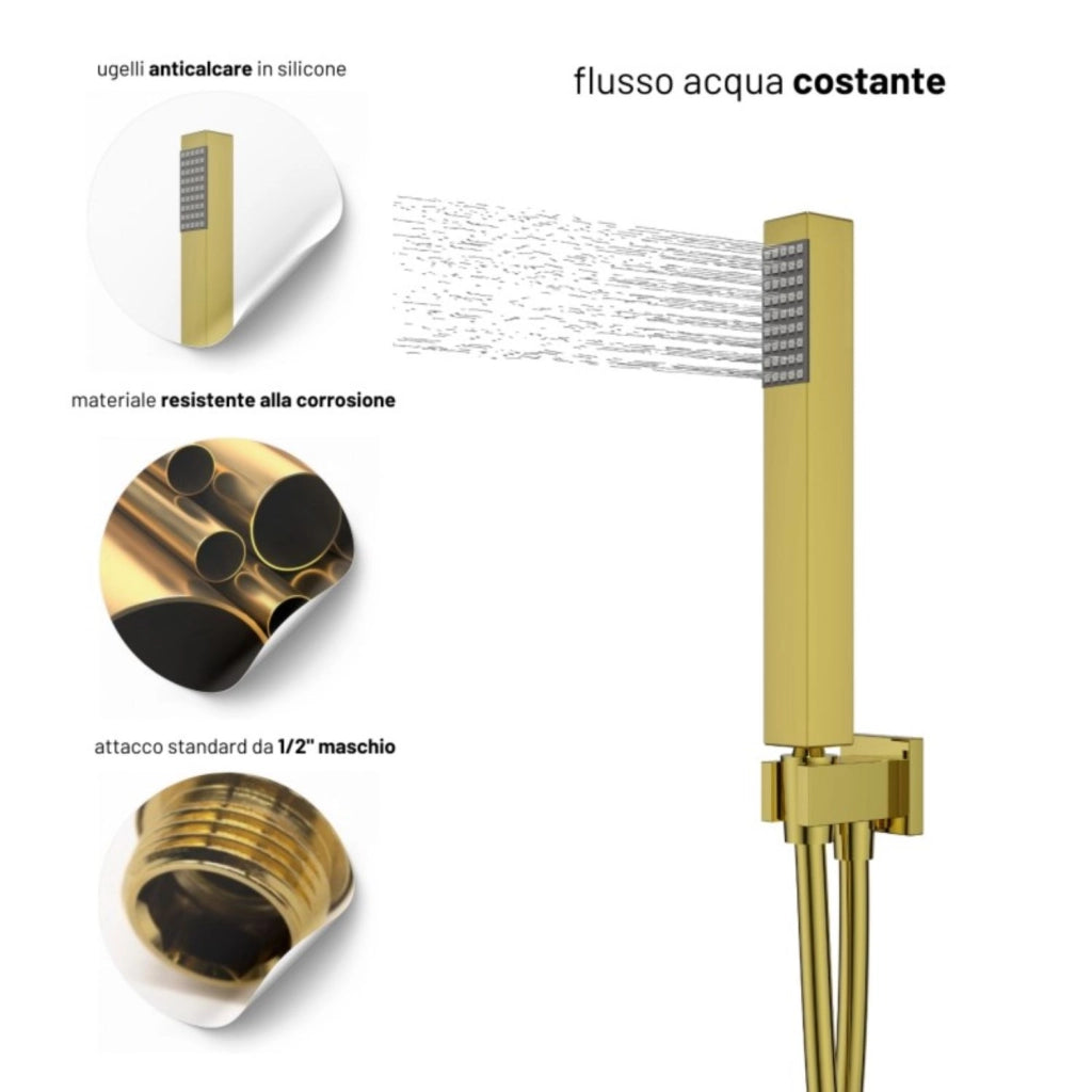 Set per doccia soffione quadro in acciaio inox 25x25 millimetri color oro *** finitura- oro lucido, confezione 1
