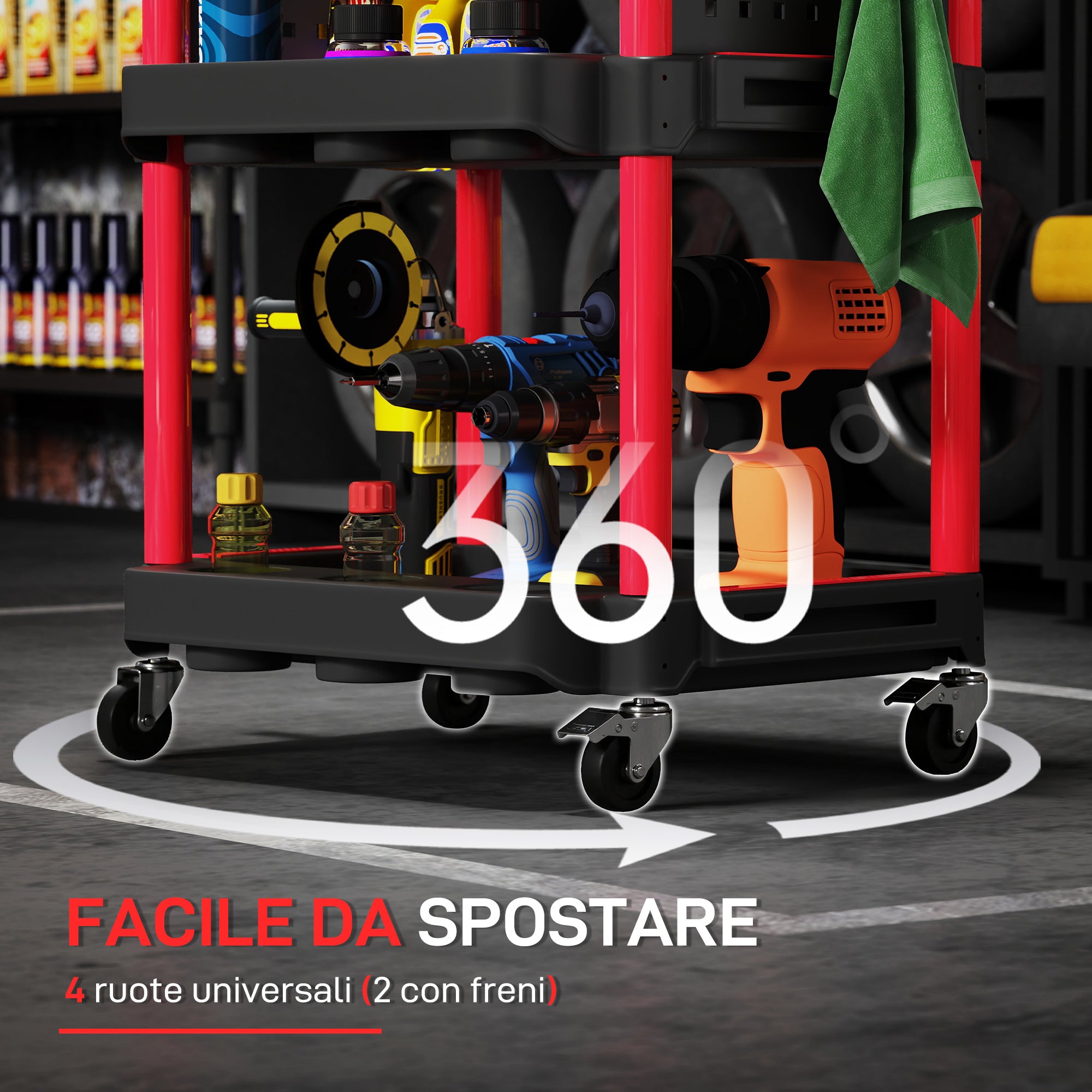 Carrello Porta Attrezzi a 3 Livelli 56,5x47,5x89 cm con Pannello Forato Laterale in Plastica Nero e Rosso