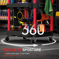 Carrello Porta Attrezzi a 3 Livelli 56,5x47,5x89 cm con Pannello Forato Laterale in Plastica Nero e Rosso