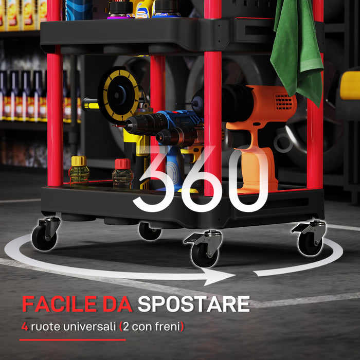 Carrello Porta Attrezzi a 3 Livelli 56,5x47,5x89 cm con Pannello Forato Laterale in Plastica Nero e Rosso