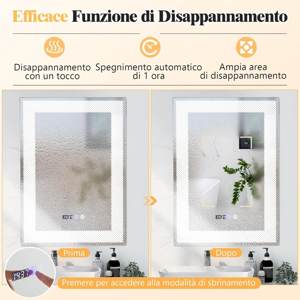 Specchio LED a Parete 70x50cm, Specchio da Bagno HD Antappannamento con 3 Luci Colori, Funzione Memoria Lettura di Tempo e Temperatura, Specchio rettangolare Intelligente IP44