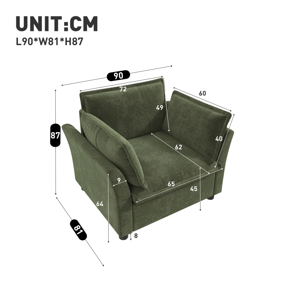 POLTRONA singola 90x81x87 cm in chenille verde con cuscini inclusi
