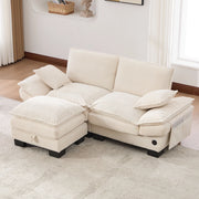 Divano modulare 2 posti in corduroy con pouf, seduta ergonomica, porta USB-C, tasche laterali e cuscini beige