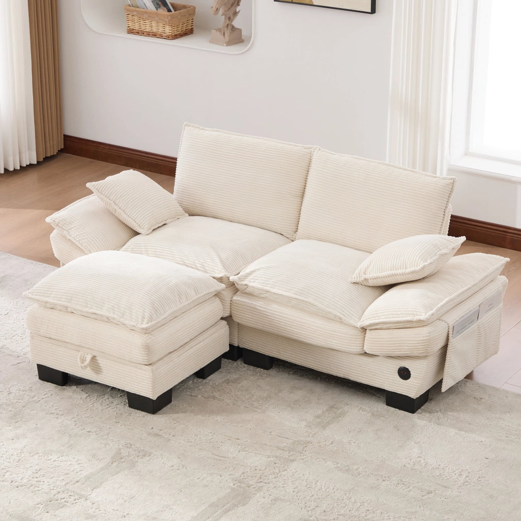 Divano modulare 2 posti in corduroy con pouf, seduta ergonomica, porta USB-C, tasche laterali e cuscini beige