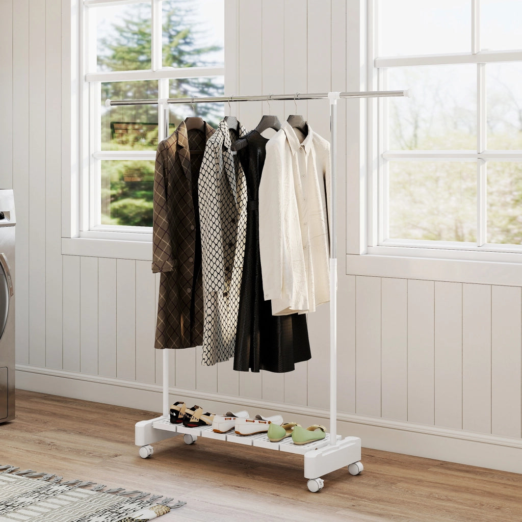 Stendibiancheria Estensibile con Ruote e Freno ¨C zephmum ¨C Bianco, Acciaio Inox, Ripiano Porta Scarpe