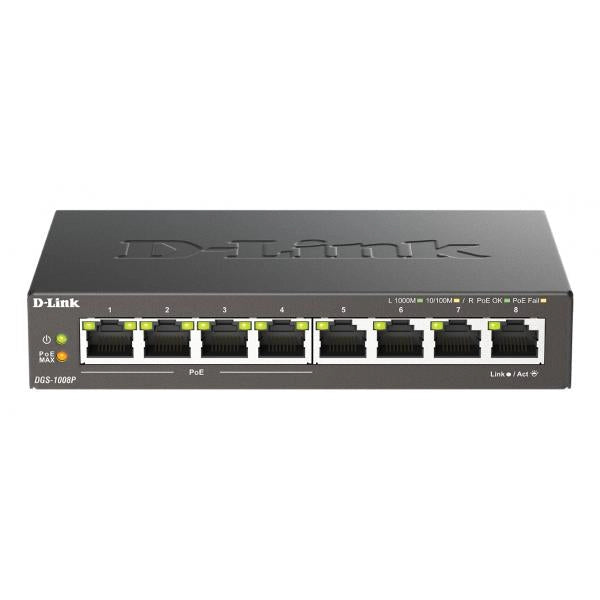 D-Link DGS-1008P Non gestito L2 Gigabit Ethernet [10/100/1000] Supporto Power over Ethernet [PoE] Nero (8-PORT GIGABIT POE UNMANAGED - DESKTOP SWITCH)