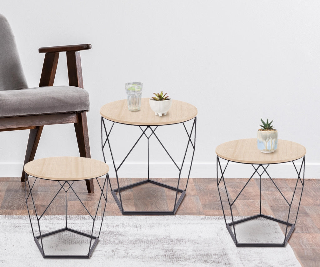 Set 3 Tavolini Da Salotto Sovrapponibili Rotondi Design Moderno Tavolino Da Caffè Estraibili Mobile Soggiorno Tavolo Divano Top In Legno Struttura In Acciaio Stile Industrial Vano Porta Oggetti  - Naturale - Modello 3