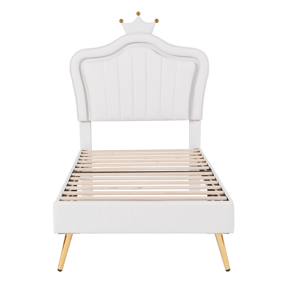 Letto imbottito 90x200 cm; 140x200 cm; testiera a conchiglia con LED; MDF ecopelle e metallo; bianco (Senza materasso)