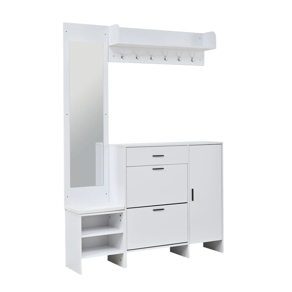 Mobile Ingresso con Scarpiera e Specchio Bianco 140x30x200cm Multifunzione