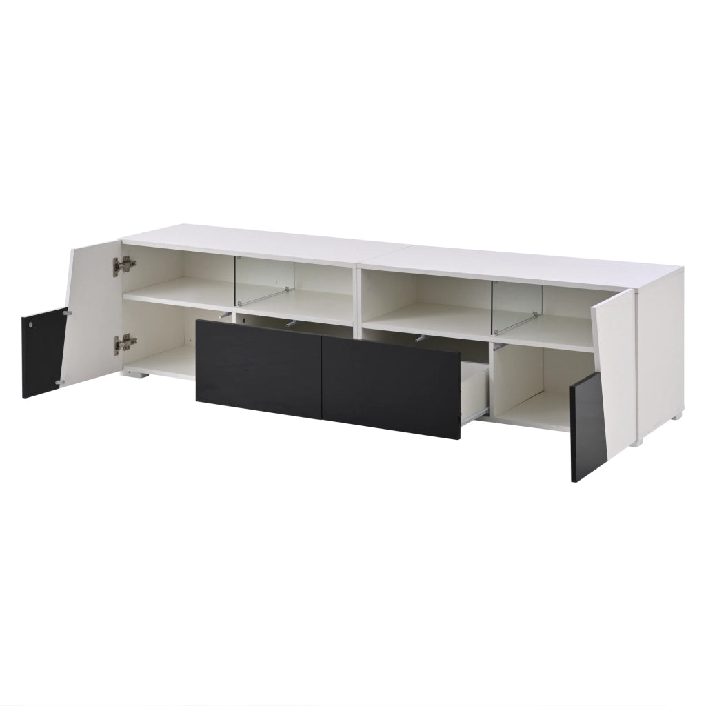 Mobile porta tv con led 2 ante 2 cassetti 4 vani aperti per soggiorno in mdf e vetro bianco e nero 180 × 38,5 × 45 cm