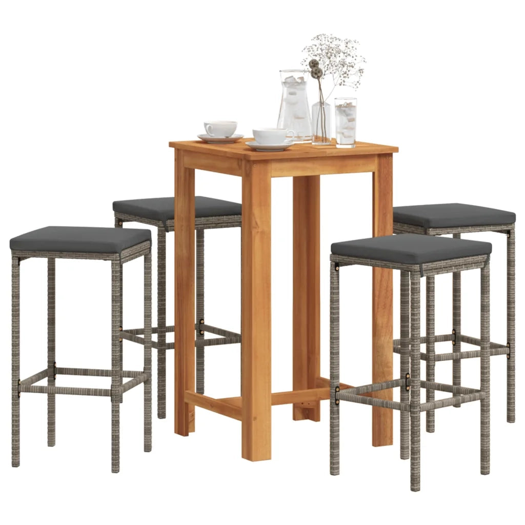 Set Bar Giardino 5pz | Set Salotto da Giardino Grigio Legno Massello Acacia e Polyrattan