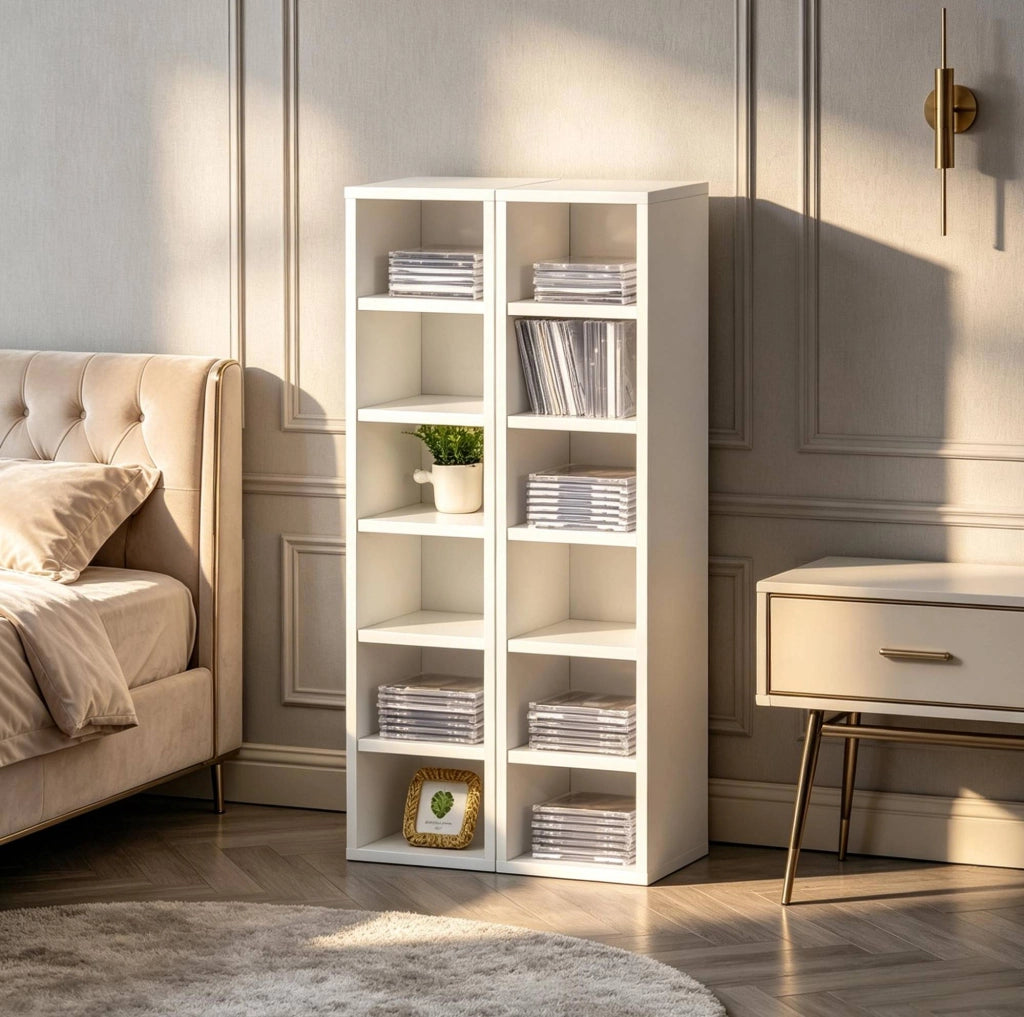 Set di 2 scaffali porta CD bianchi a 12 scomparti in MDF e truciolare