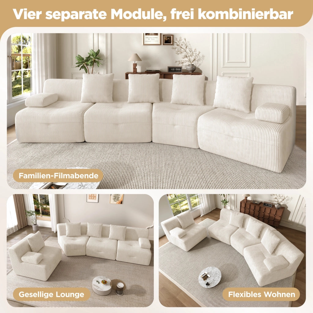 DIVANO modulare 4 posti in corduroy beige chiaro 311 x 90 x 65 cm