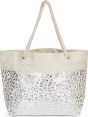 Borsa a spalla metallica in tinta beige con motivi leopard - Borsa da spiaggia, shopper con chiusura a zip - Stampa animaliera