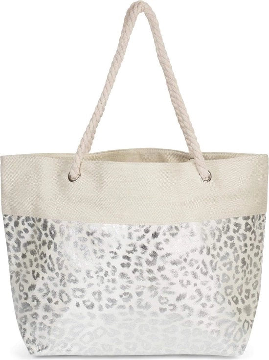 Borsa a spalla metallica in tinta beige con motivi leopard - Borsa da spiaggia, shopper con chiusura a zip - Stampa animaliera