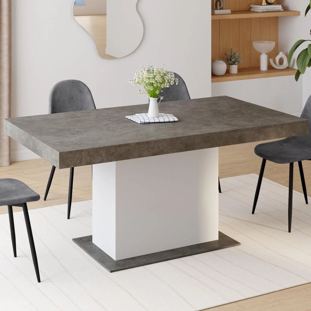 Tavolo da pranzo rettangolare allungabile EDEN 6-10 persone in cemento e bianco 160-200 cm