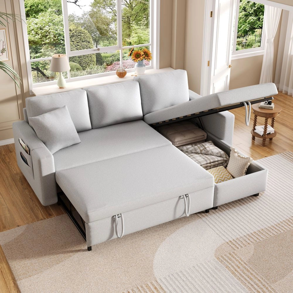 Divano letto angolare - Xylo - Forma L, chaise longue reversibile, grigio chiaro