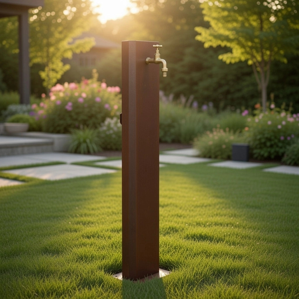 Fontana da Giardino Design a Colonna Ovale Rubinetto in Ottone Senza Base Corten