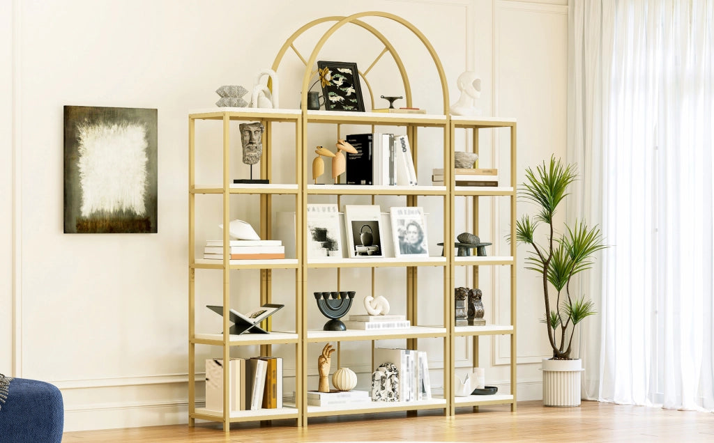 Libreria modulare 163x30x184 cm in MDF bianco e metallo dorato， 3 pezzi