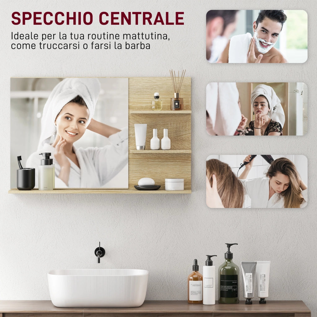 Specchio Bagno con Ripiani Laterali e Inferiore ¨C zephmum ¨C Legno, Vetro, 75x10x48 cm