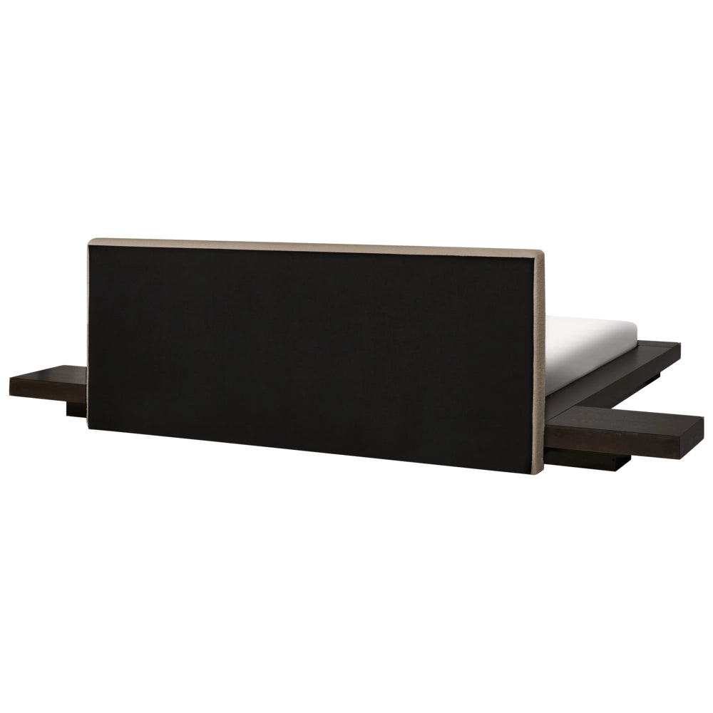 Letto matrimoniale ad acqua con testata e comodini in legno chiaro bouclé tortora scuro 160 x 200 cm stile giapponese