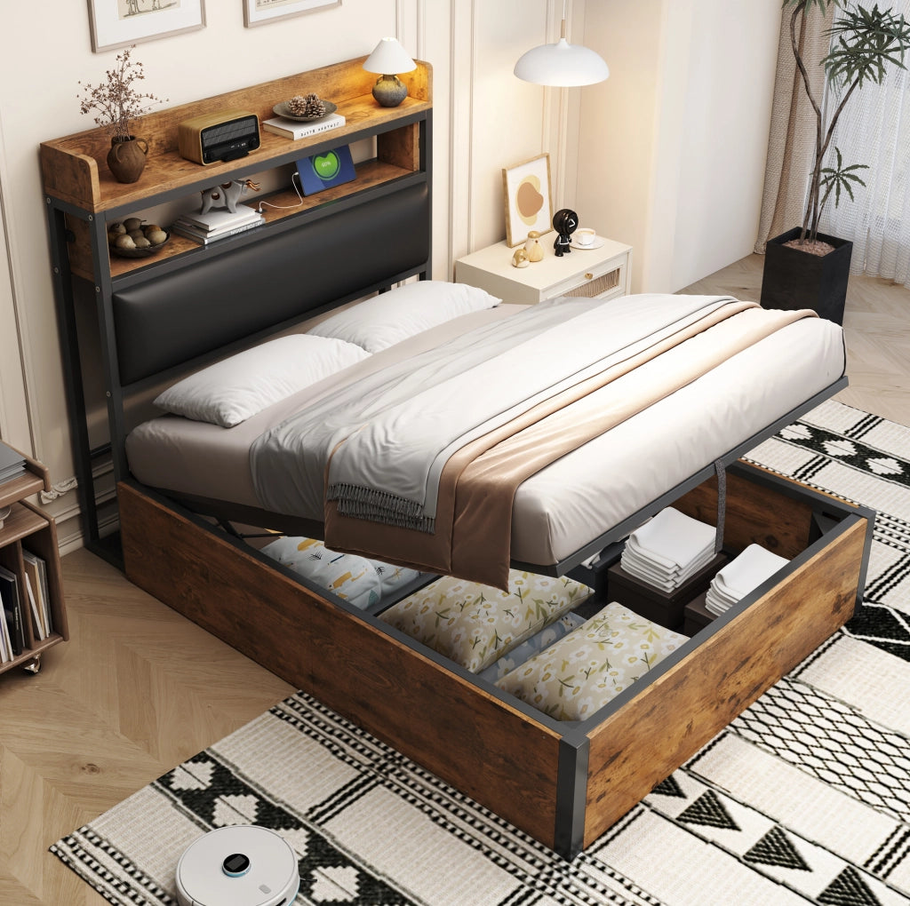 Letto contenitore 90x200 cm con sollevamento idraulico; USB e testiera imbottita in metallo; legno e tessuto