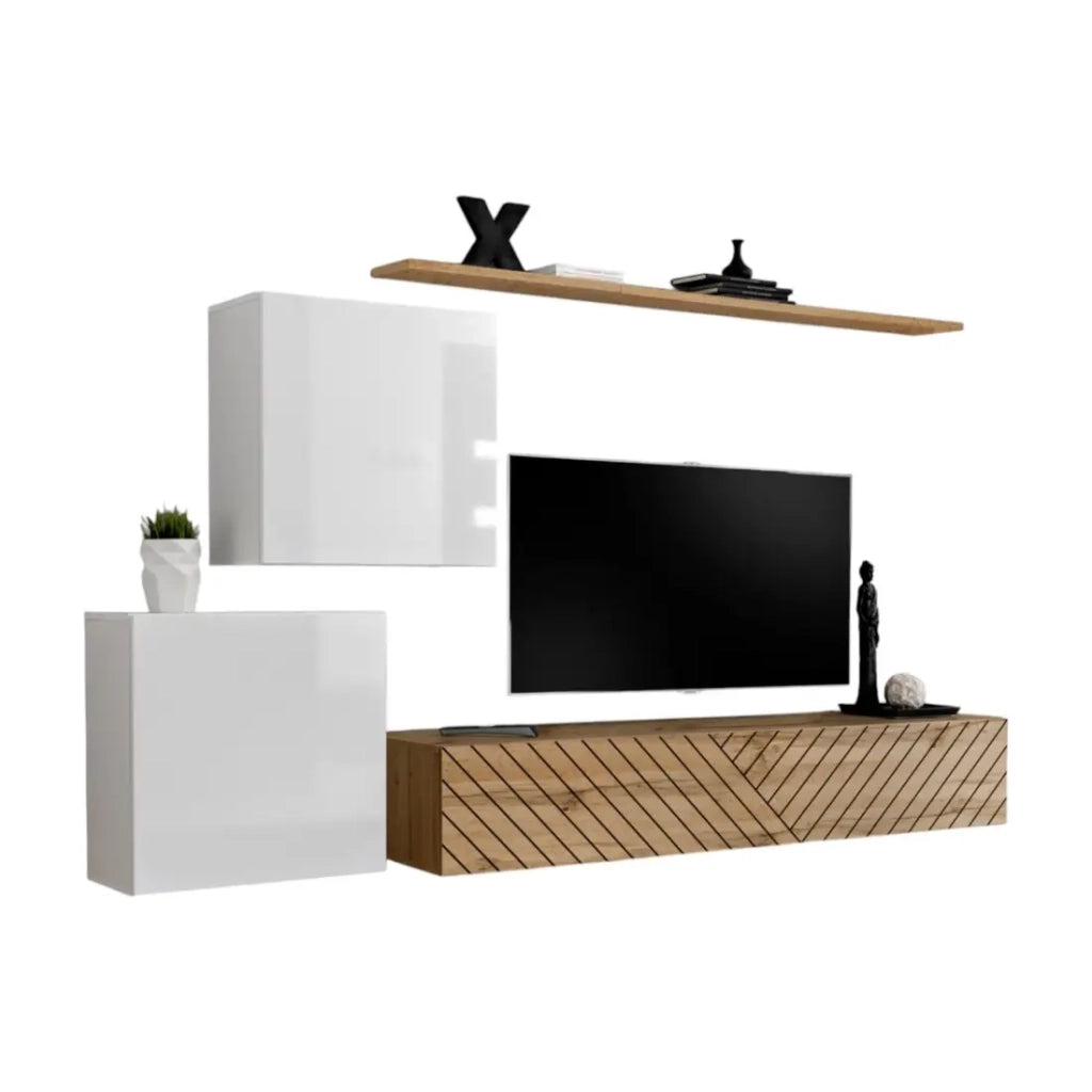 Set di mobili da soggiorno design SWITCH V, colori bianco e rovere. Finiture in bianco lucido e rovere fresato.