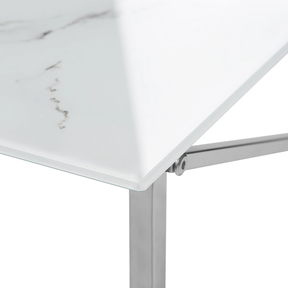Tavolino Rettangolare Effetto Marmo Piano Bianco Gambe Argento Piano Vetro Temperato Base Acciaio Inox 100 x 50 cm Glam Minimalista