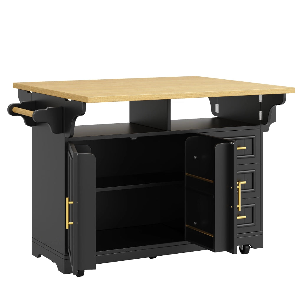Isola da cucina 120x40(80)x95 cm con piani ribaltabili e ruote in MDF nera