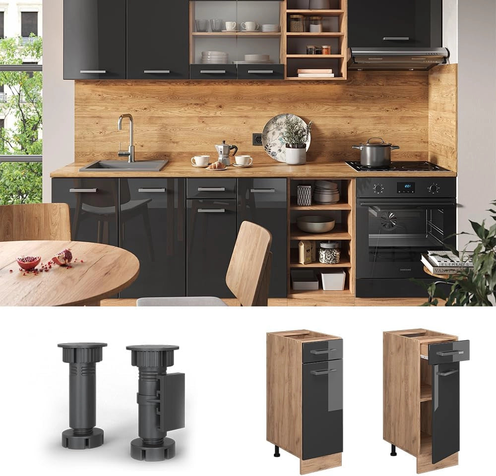 Mobiletto base per cucina R-Line, Antracite lucido, 30 cm senza piano di lavoro, per la libera combinazione all'interno di sistemi cucina modulari