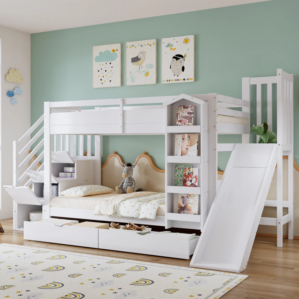 Letto a Castello 90x200 cm - Scivolo; Scaffale e 2 Cassetti - in Legno e MDF - Bianco