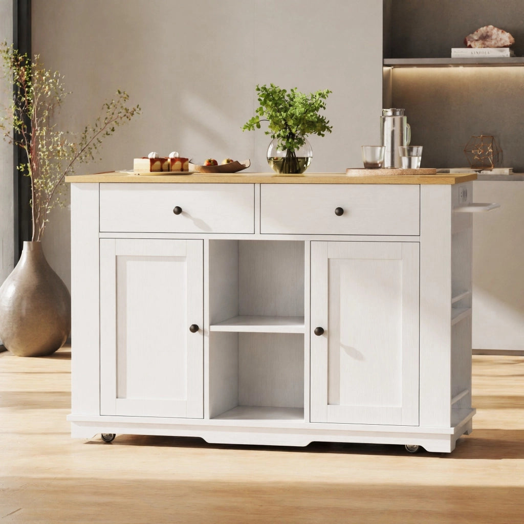 Isola cucina 151,5 x 84,7 x 91,7 cm bianca e legno, presa integrata