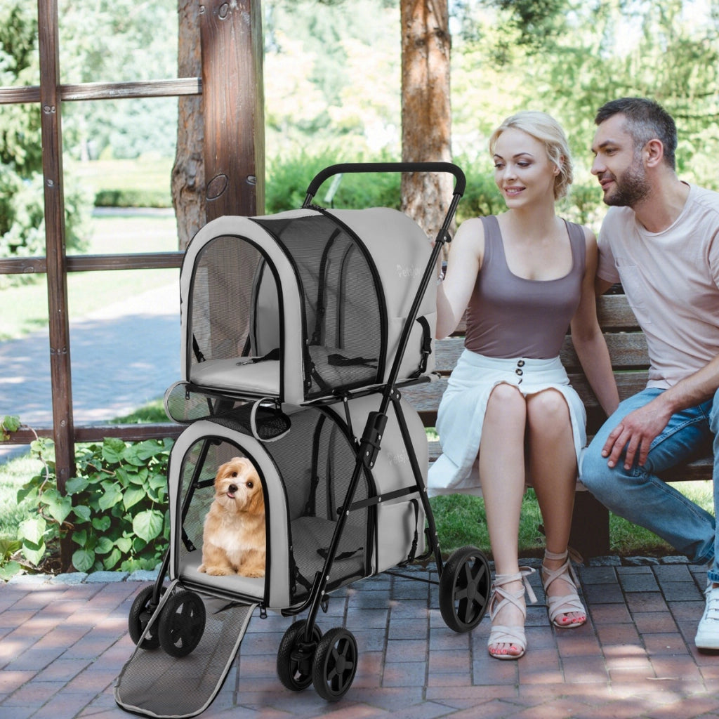 Passeggino pieghevole per animali a doppio livello con 4 ruote, Passeggino 4 in 1 per cani e gatti Grigio-Giochi e accessori per cani