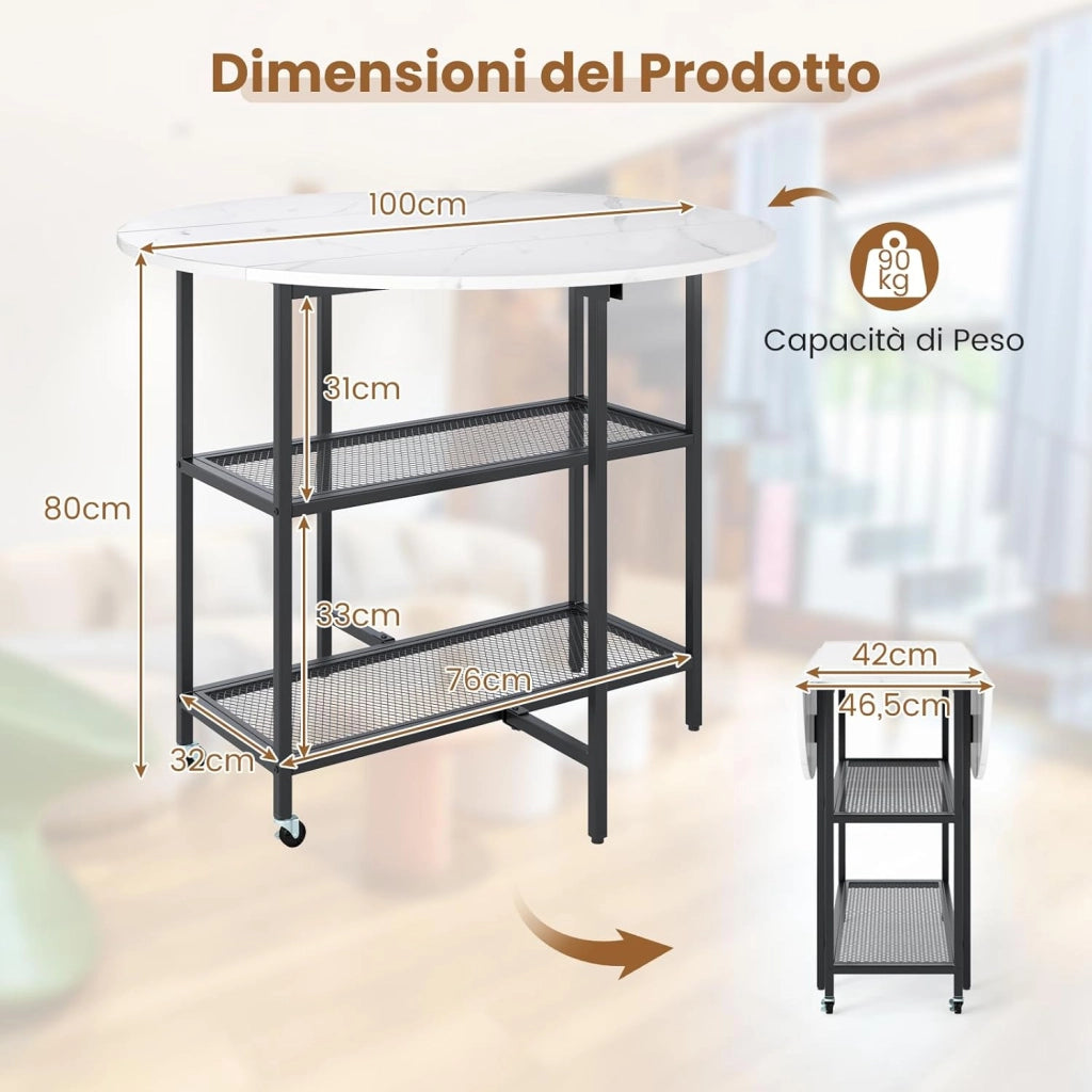 Tavolo da Pranzo 100 x 100 x 80 cm, Tavolo Pieghevole Salvaspazio per 2-4 Persone con 2 Mensole di Stoccaggio e Ruote Bloccabili per Soggiorno, Appartamento e Ufficio (Bianco)