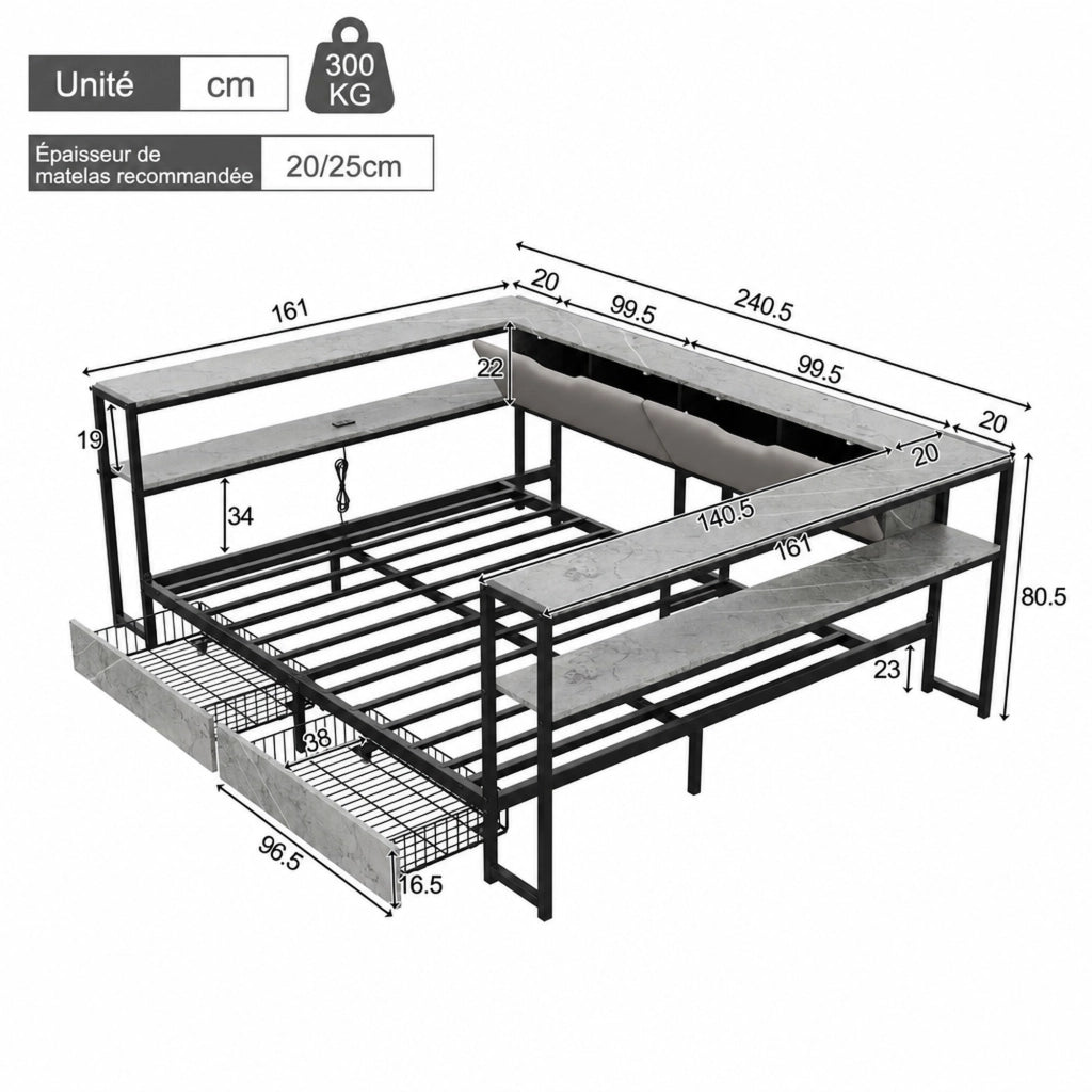 Letto divano matrimoniale 140 × 200 cm con 2 cassetti, 6 vani contenitore, USB e tipo C, senza materasso, grigio