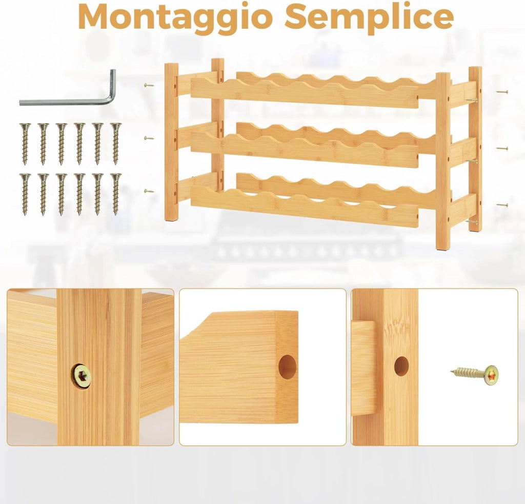 Portabottiglie per Vino in Bambù, Scaffale per 18 Bottiglie di Vino con Fessura a Onda, per Soggiorno, Cucina, Bar, 62 x 24 x 38 cm